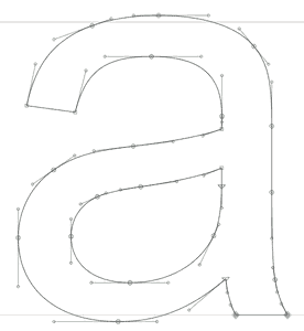 An illustration of the lowercase letter &lsquo;a&rsquo; constructed using Bézier splines. The character&rsquo;s curves are defined by a series of anchor points on the outline, with visible control handles and lines to show the geometry used to shape the letter.