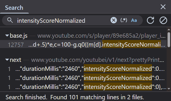 A screenshot of a search for &ldquo;intensityScoreNormalized&rdquo; across all requests, to a result of 101 occurrences.