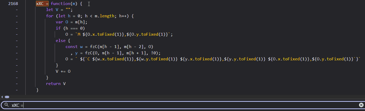 A screenshot of the browser DevTools. The search bar displays the query &lsquo;xXC =&rsquo;, while the code viewer highlights the same term within the obfuscated code.